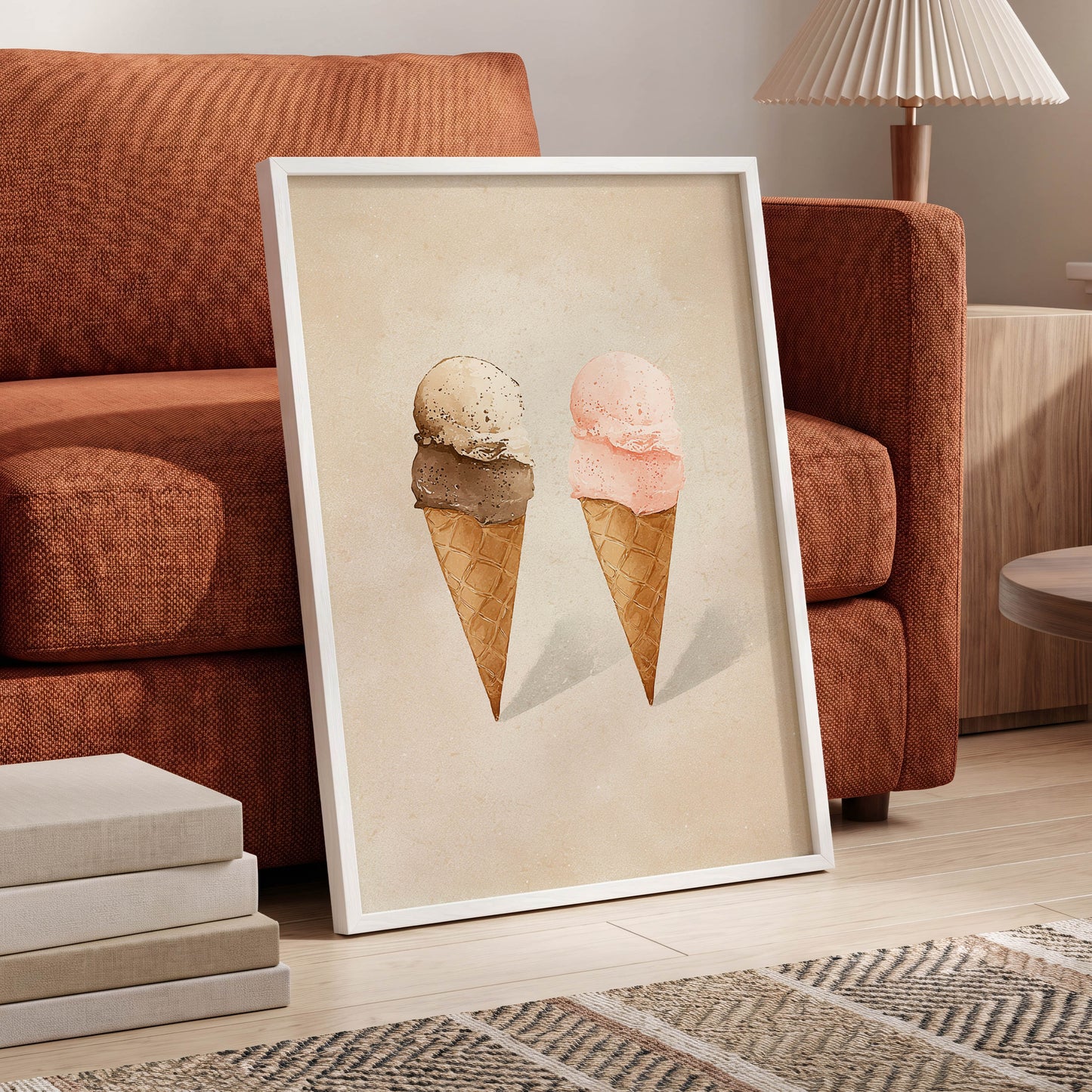 Two Scoops, Side by Side, beige, pink, brown minimalist wall art displayed in a styled interior, gallery view 6