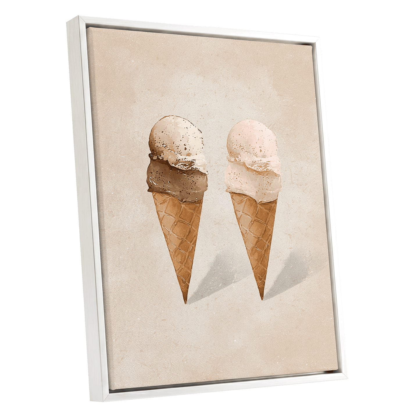 Two Scoops, Side by Side, beige, pink, brown minimalist wall art shown as a white framed canvas wall art