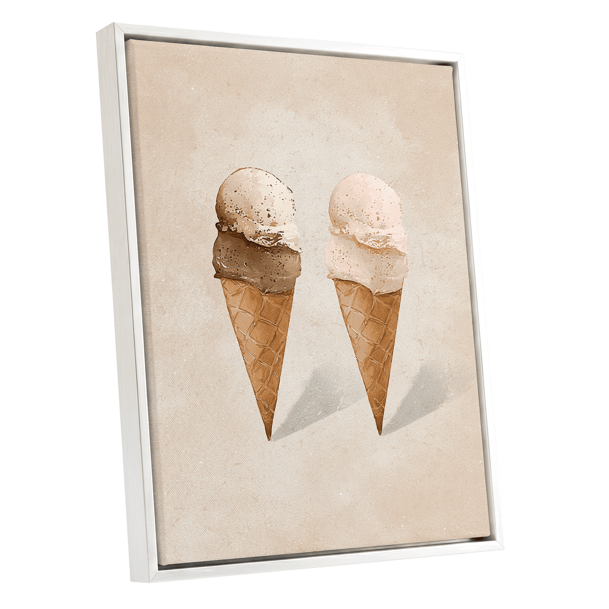 Two Scoops, Side by Side, beige, pink, brown minimalist wall art shown as a white framed canvas wall art