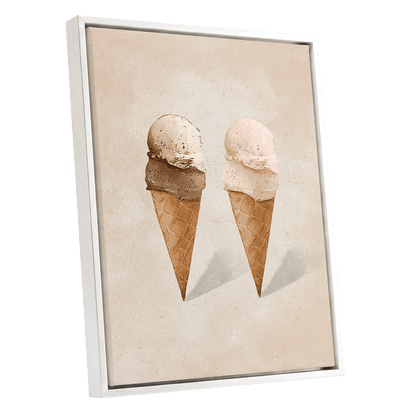 Two Scoops, Side by Side, beige, pink, brown minimalist wall art shown as a white framed canvas wall art