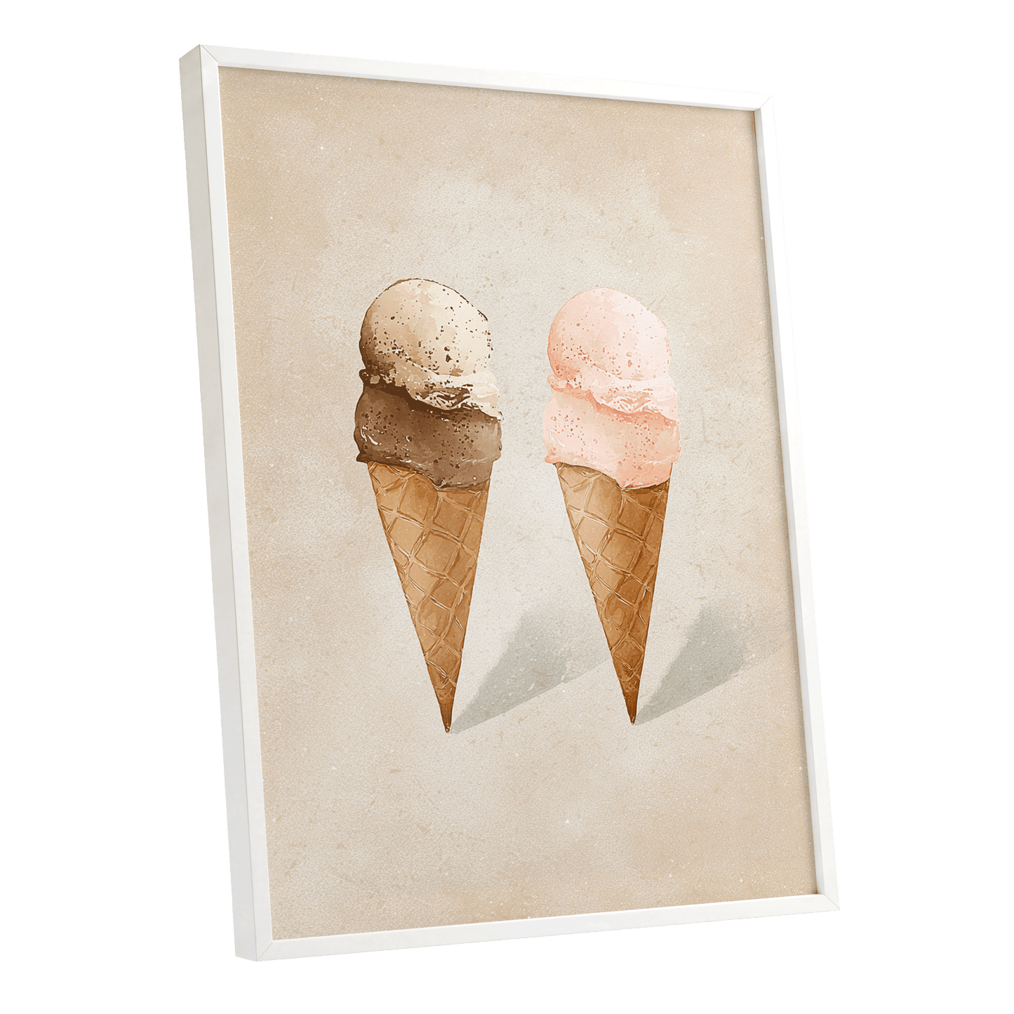 Two Scoops, Side by Side, beige, pink, brown minimalist wall art shown as a white framed poster wall art print
