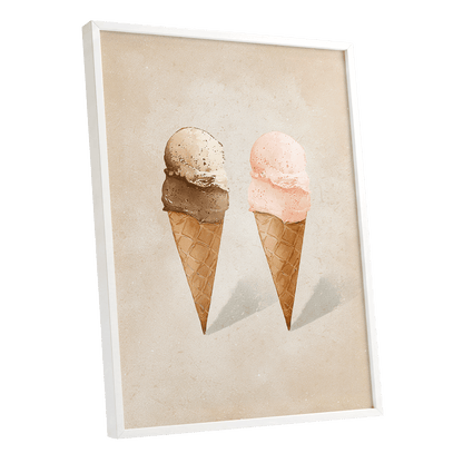 Two Scoops, Side by Side, beige, pink, brown minimalist wall art shown as a white framed poster wall art print