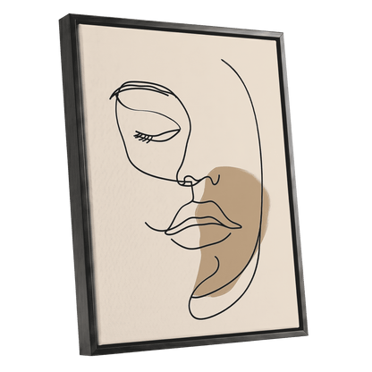 Umber Visage, black, beige, brown minimalist wall art shown as a black framed canvas wall art