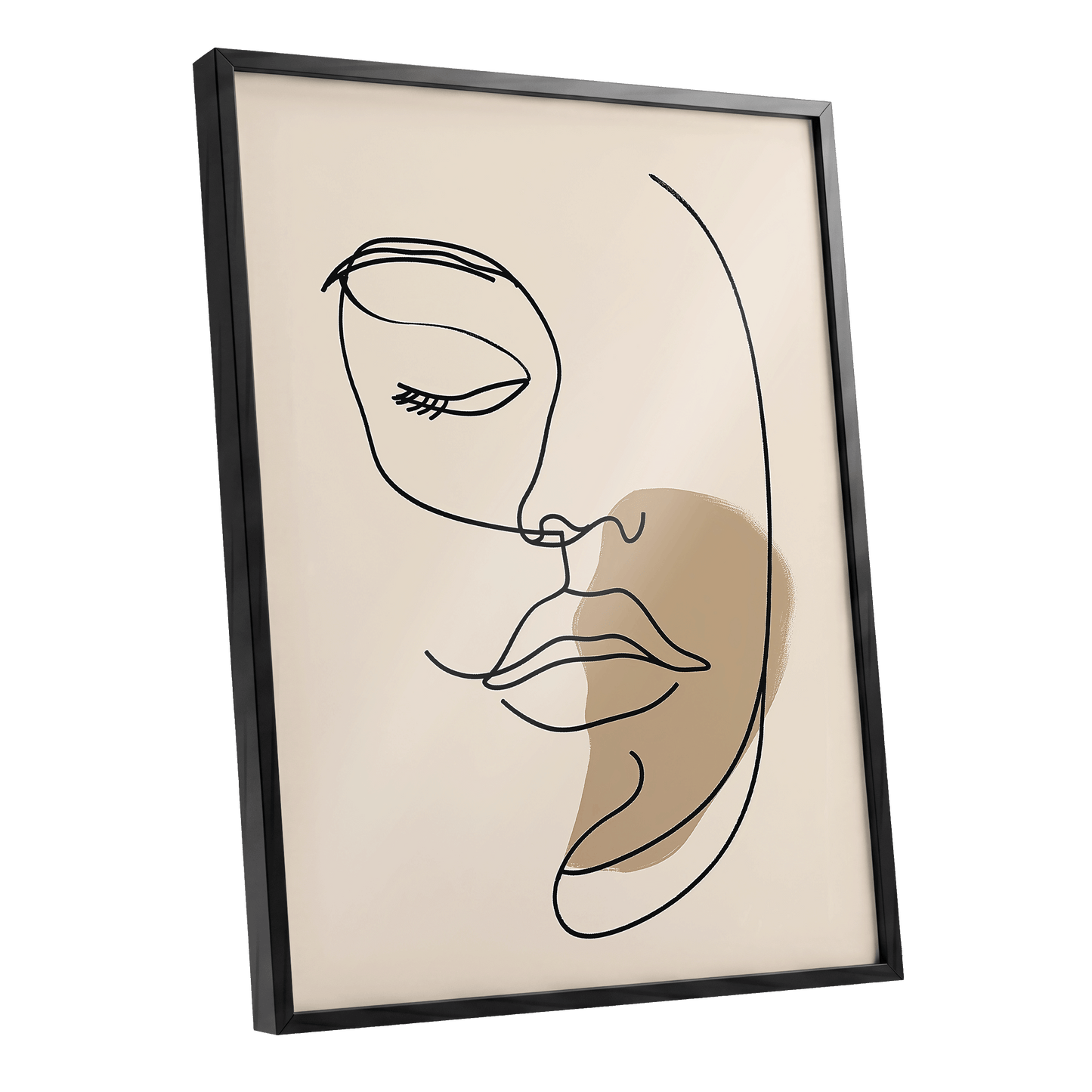 Umber Visage, black, beige, brown minimalist wall art shown as a black framed poster wall art print