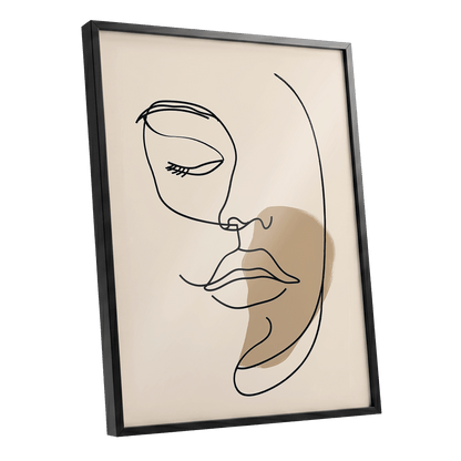Umber Visage, black, beige, brown minimalist wall art shown as a black framed poster wall art print