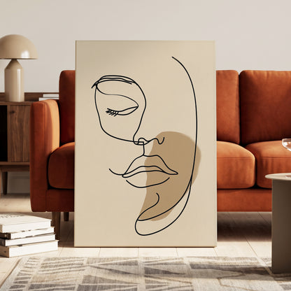 Umber Visage, black, beige, brown minimalist wall art on canvas displayed in a styled interior, gallery view 1