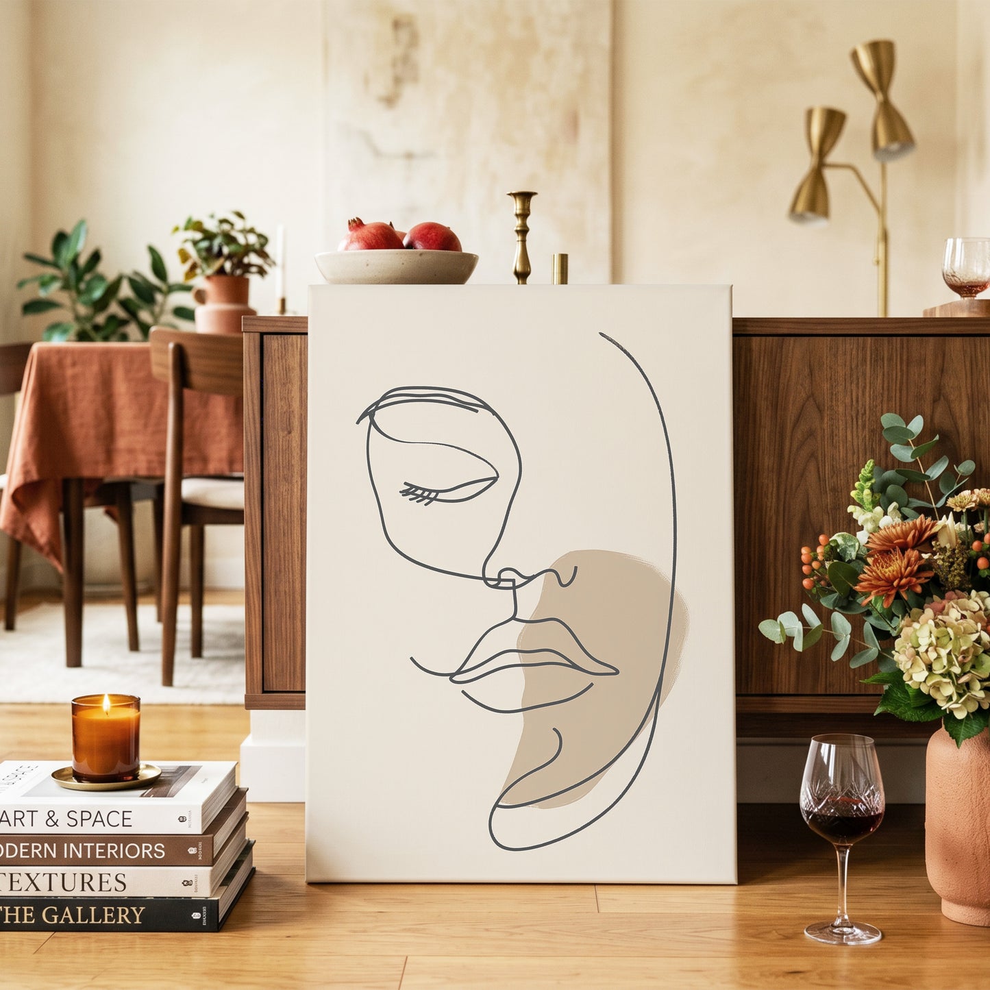 Umber Visage, black, beige, brown minimalist wall art on canvas displayed in a styled interior, gallery view 2