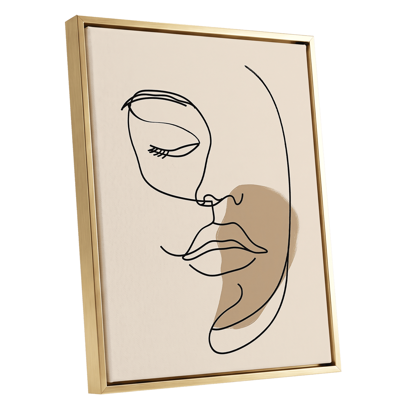 Umber Visage, black, beige, brown minimalist wall art shown as a gold framed canvas wall art