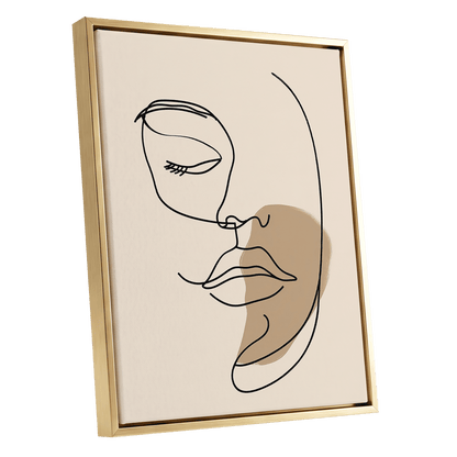 Umber Visage, black, beige, brown minimalist wall art shown as a gold framed canvas wall art