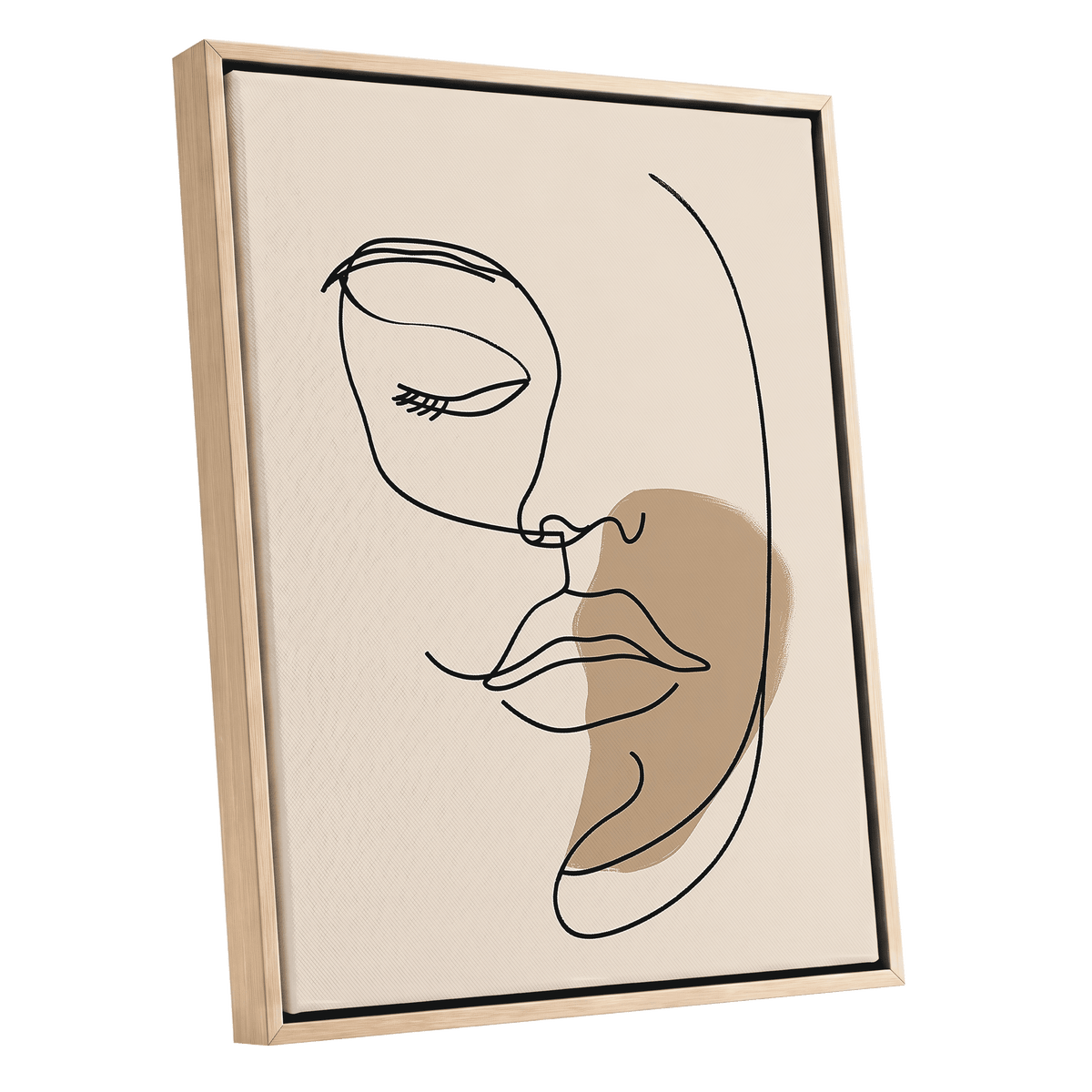 Umber Visage, black, beige, brown minimalist wall art shown as a oak framed canvas wall art