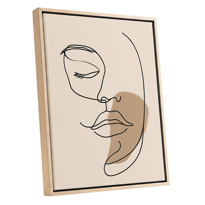 Umber Visage, black, beige, brown minimalist wall art shown as a oak framed canvas wall art