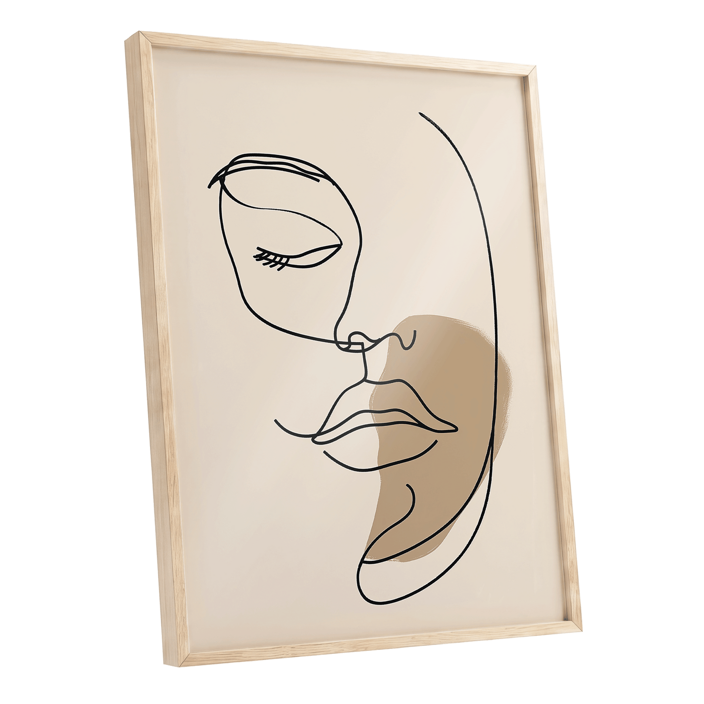 Umber Visage, black, beige, brown minimalist wall art shown as a oak framed poster wall art print