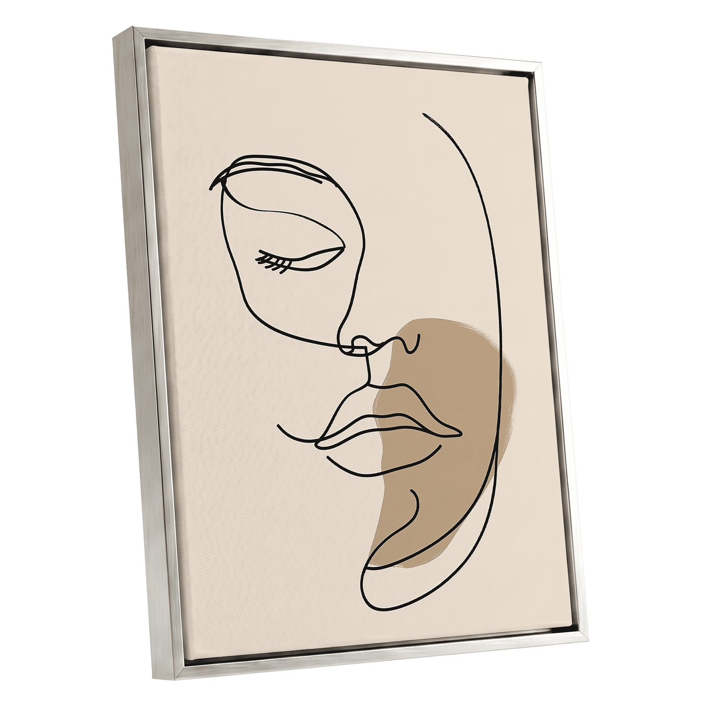 Umber Visage, black, beige, brown minimalist wall art shown as a silver framed canvas wall art