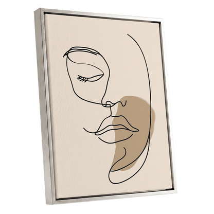 Umber Visage, black, beige, brown minimalist wall art shown as a silver framed canvas wall art