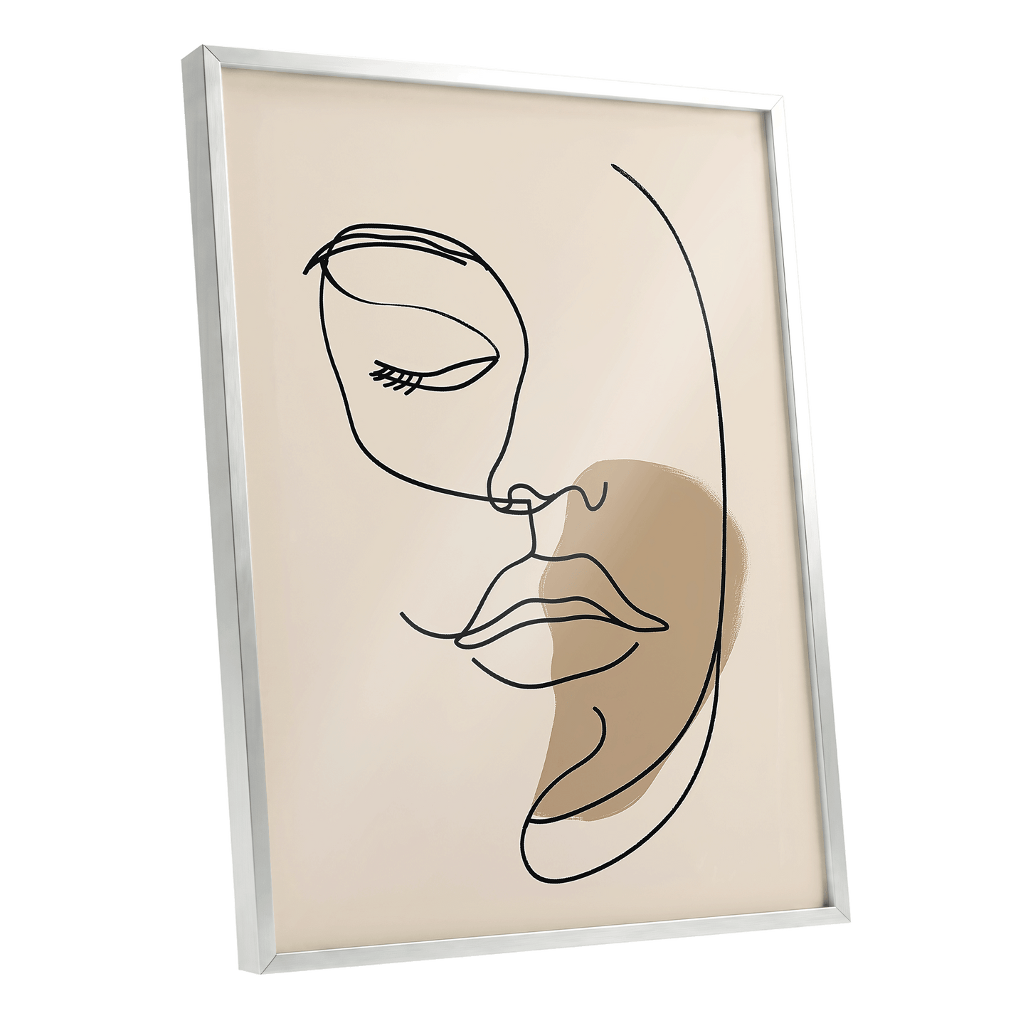 Umber Visage, black, beige, brown minimalist wall art shown as a silver framed poster wall art print