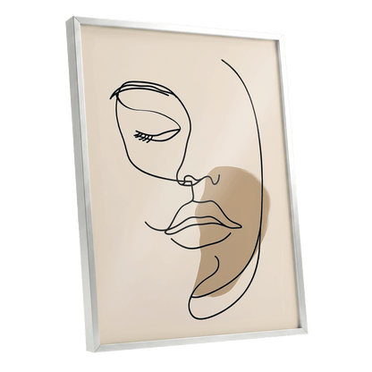 Umber Visage, black, beige, brown minimalist wall art shown as a silver framed poster wall art print