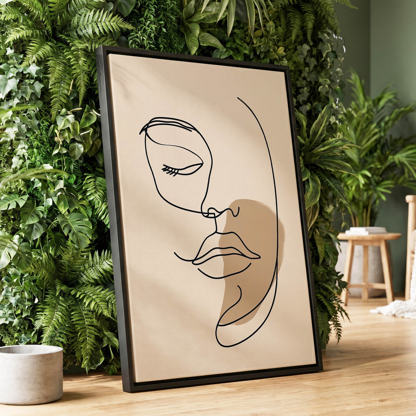 Umber Visage, black, beige, brown minimalist wall art displayed in a styled interior, gallery view 1