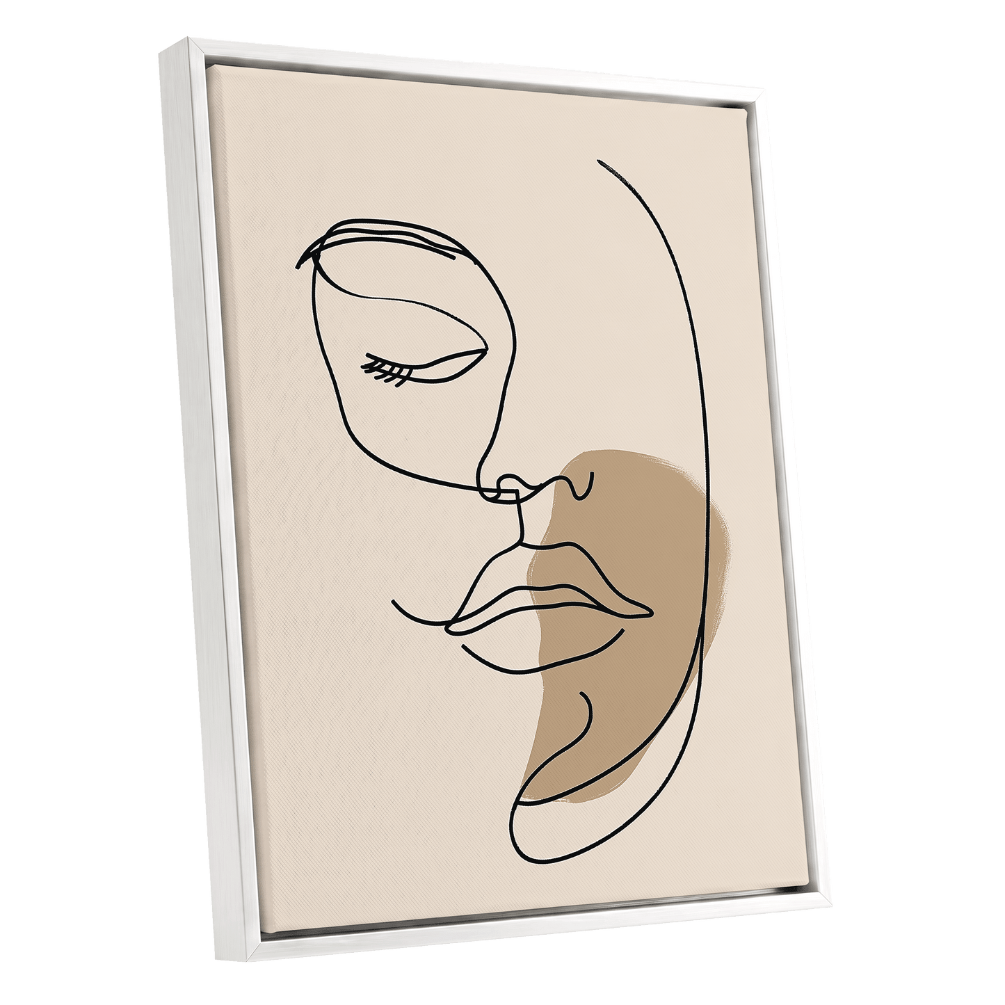 Umber Visage, black, beige, brown minimalist wall art shown as a white framed canvas wall art