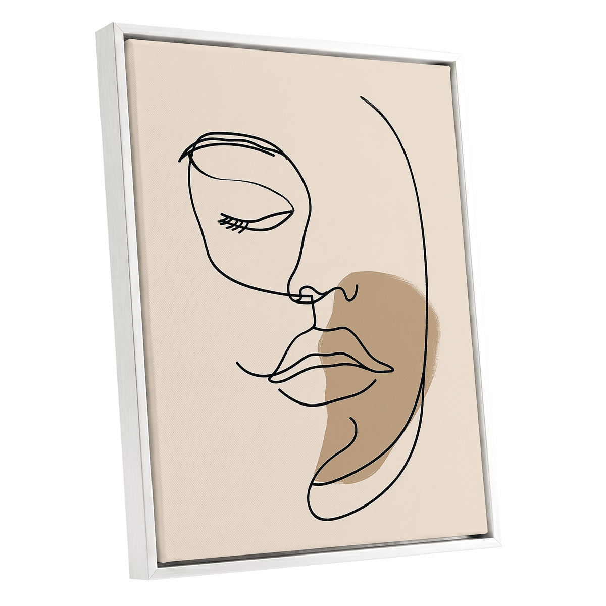 Umber Visage, black, beige, brown minimalist wall art shown as a white framed canvas wall art