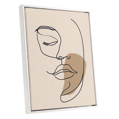Umber Visage, black, beige, brown minimalist wall art shown as a white framed canvas wall art