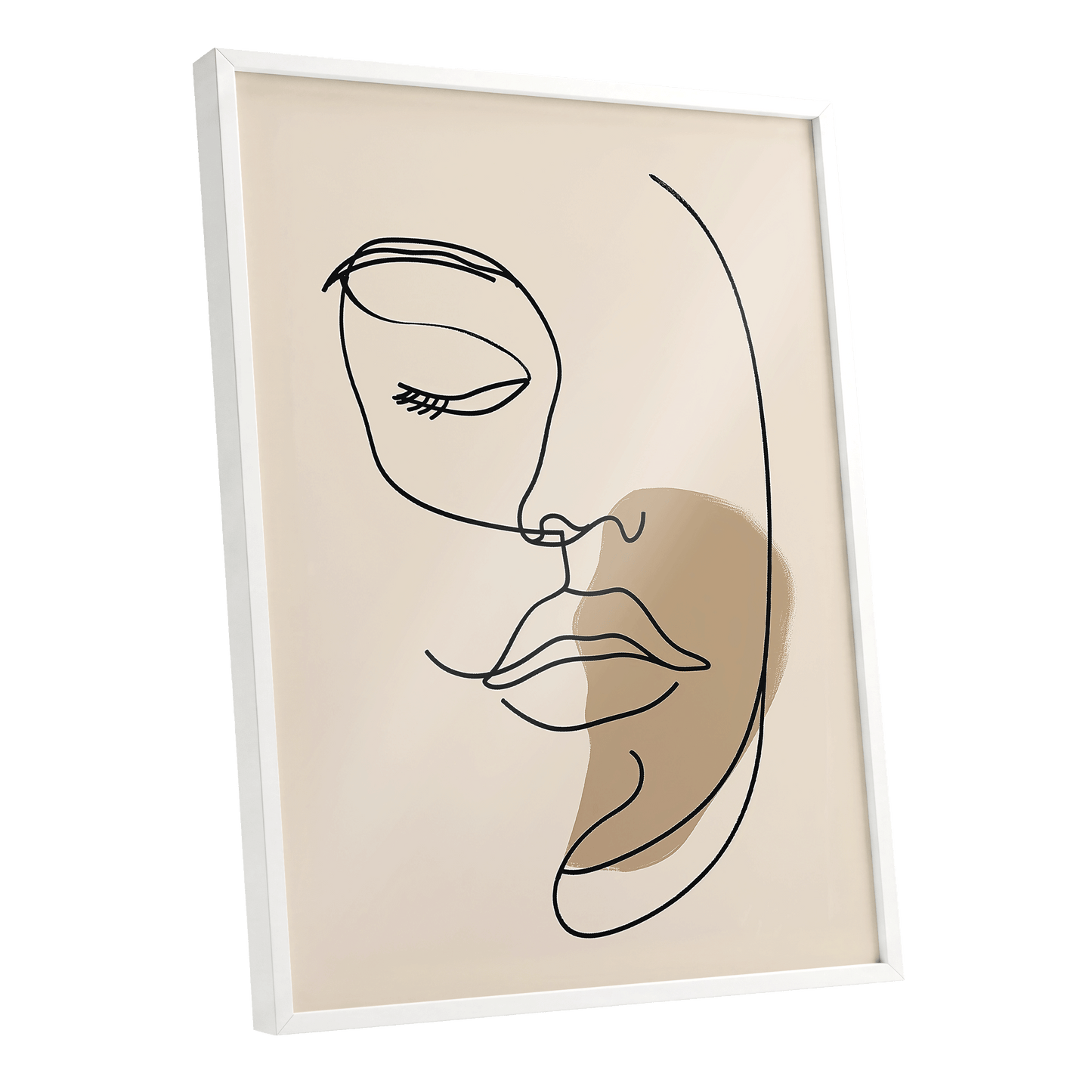 Umber Visage, black, beige, brown minimalist wall art shown as a white framed poster wall art print
