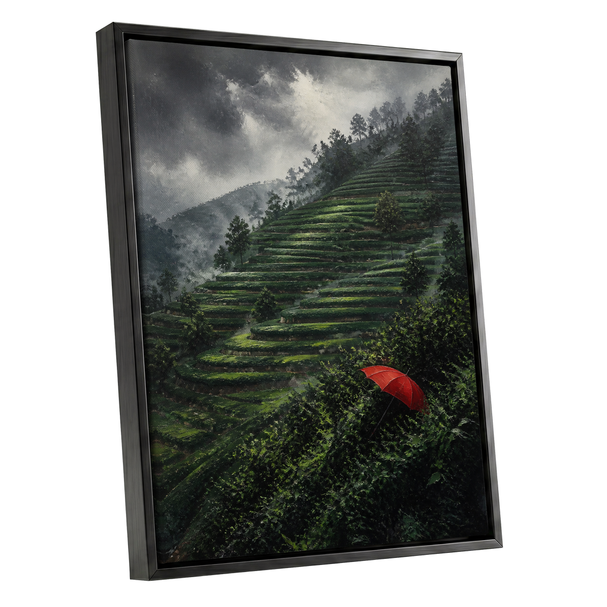 Umbrella Above the Terraces, green, gray, red nature wall art shown as a black framed canvas wall art