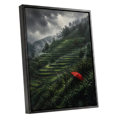 Umbrella Above the Terraces, green, gray, red nature wall art shown as a black framed canvas wall art