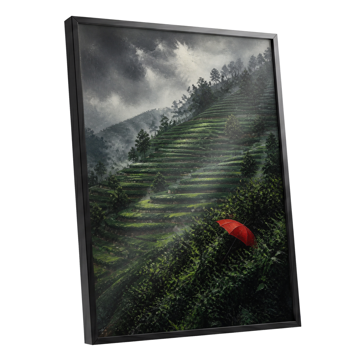 Umbrella Above the Terraces, green, gray, red nature wall art shown as a black framed poster wall art print