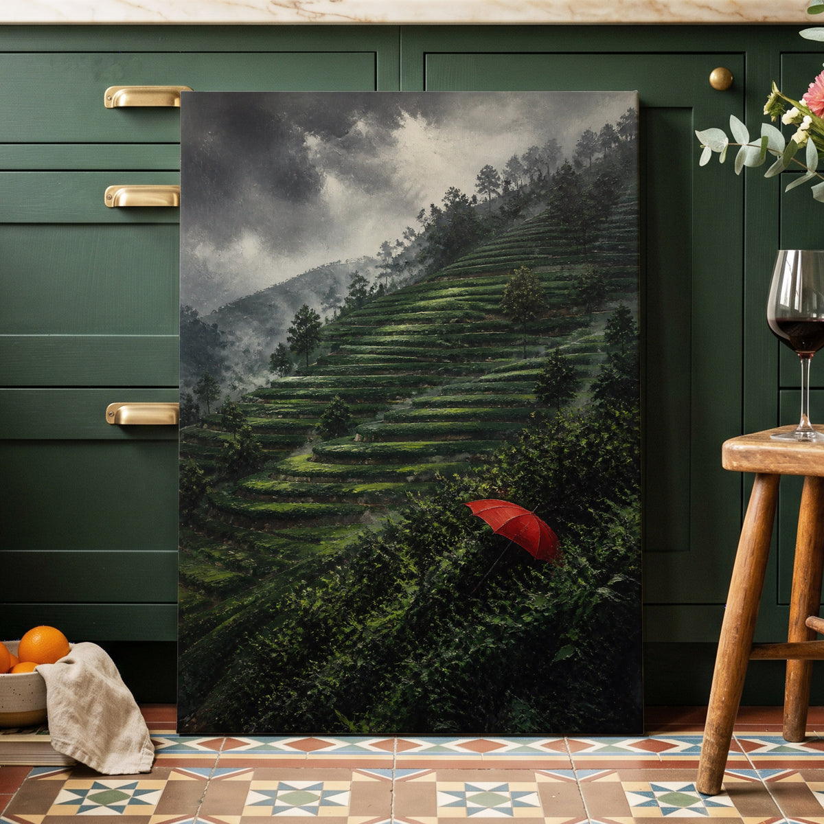 Umbrella Above the Terraces, green, gray, red nature wall art on canvas displayed in a styled interior, gallery view 1