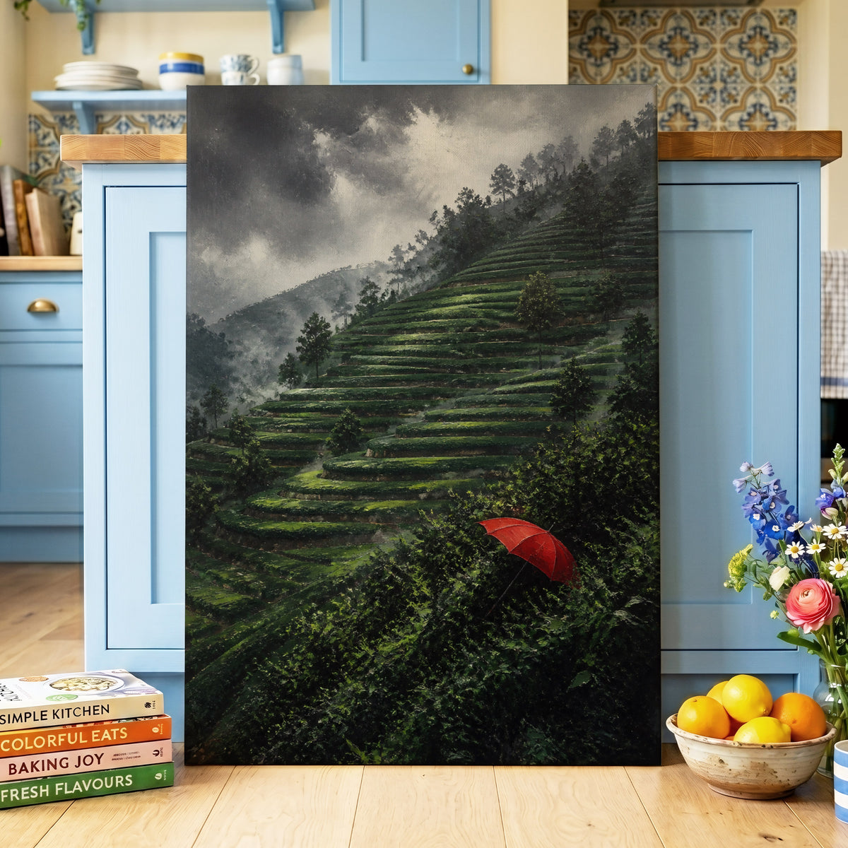 Umbrella Above the Terraces, green, gray, red nature wall art on canvas displayed in a styled interior, gallery view 2