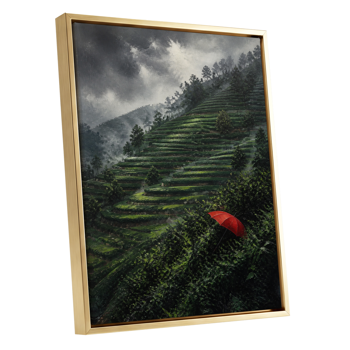 Umbrella Above the Terraces, green, gray, red nature wall art shown as a gold framed canvas wall art