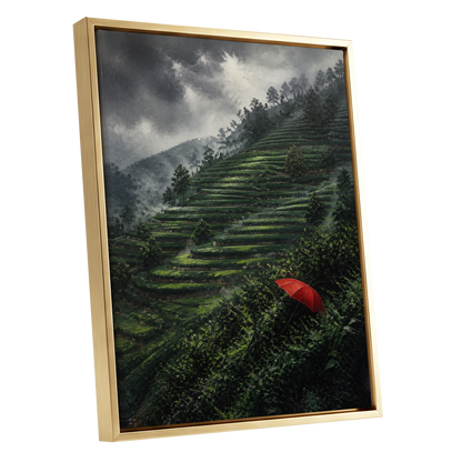 Umbrella Above the Terraces, green, gray, red nature wall art shown as a gold framed canvas wall art
