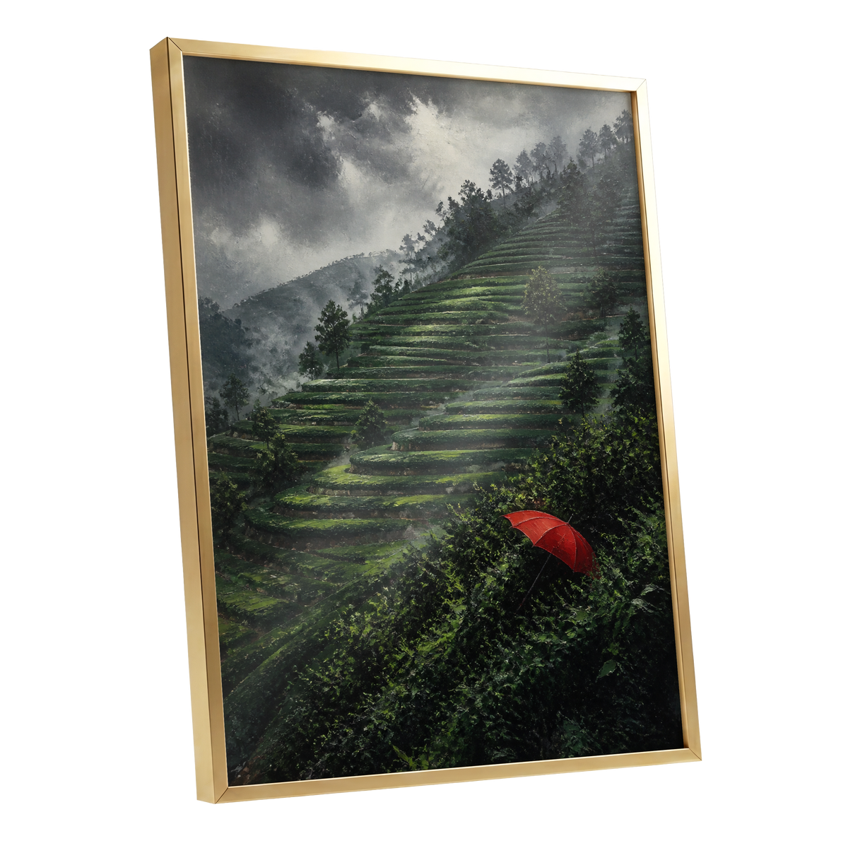 Umbrella Above the Terraces, green, gray, red nature wall art shown as a gold framed poster wall art print