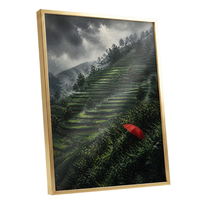 Umbrella Above the Terraces, green, gray, red nature wall art shown as a gold framed poster wall art print