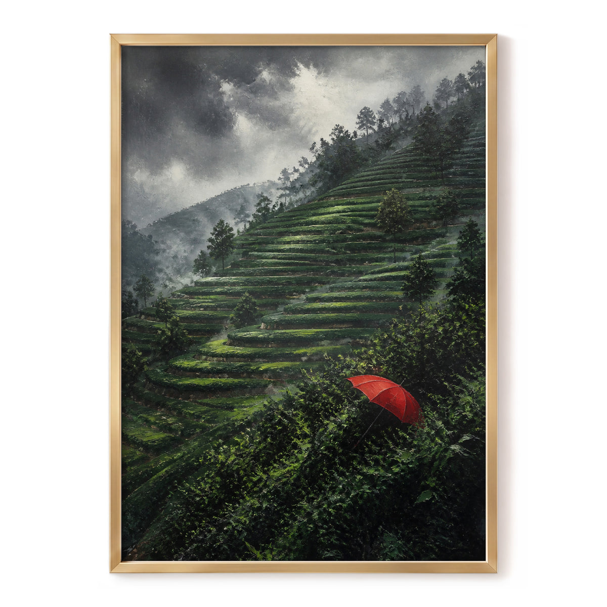 Umbrella Above the Terraces, green, gray, red nature wall art, front artwork view