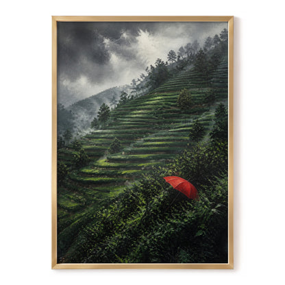 Umbrella Above the Terraces, green, gray, red nature wall art, front artwork view