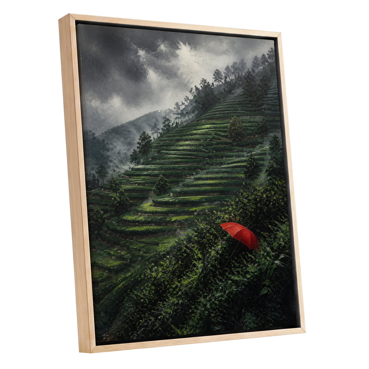 Umbrella Above the Terraces, green, gray, red nature wall art shown as a oak framed canvas wall art