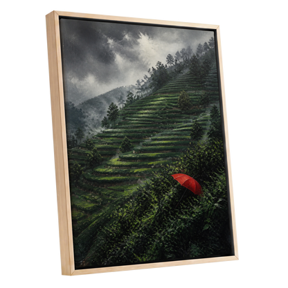 Umbrella Above the Terraces, green, gray, red nature wall art shown as a oak framed canvas wall art