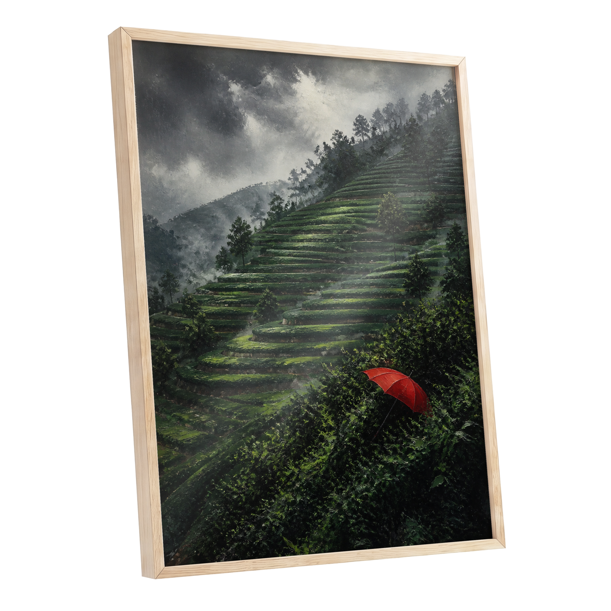 Umbrella Above the Terraces, green, gray, red nature wall art shown as a oak framed poster wall art print