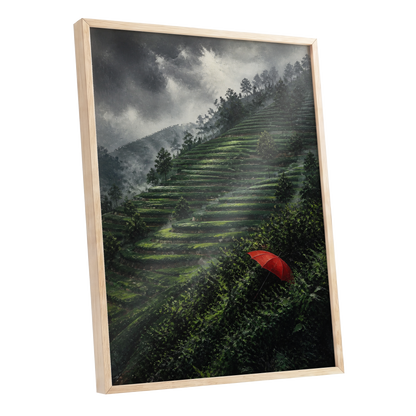 Umbrella Above the Terraces, green, gray, red nature wall art shown as a oak framed poster wall art print