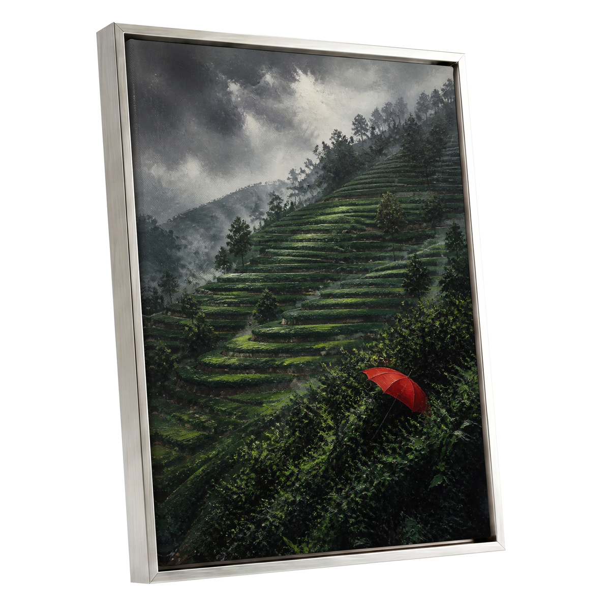 Umbrella Above the Terraces, green, gray, red nature wall art shown as a silver framed canvas wall art