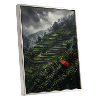 Umbrella Above the Terraces, green, gray, red nature wall art shown as a silver framed canvas wall art