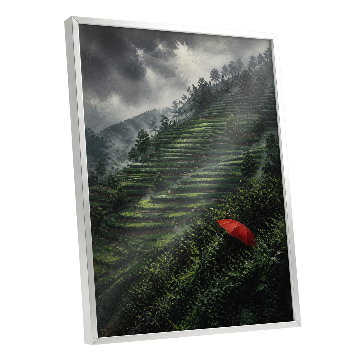 Umbrella Above the Terraces, green, gray, red nature wall art shown as a silver framed poster wall art print