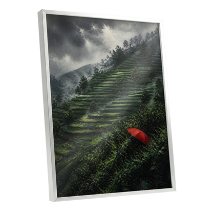 Umbrella Above the Terraces, green, gray, red nature wall art shown as a silver framed poster wall art print