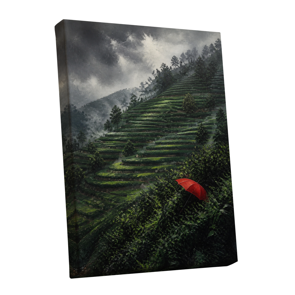 Umbrella Above the Terraces, green, gray, red nature wall art shown as a stretched canvas wall art