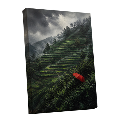 Umbrella Above the Terraces, green, gray, red nature wall art shown as a stretched canvas wall art