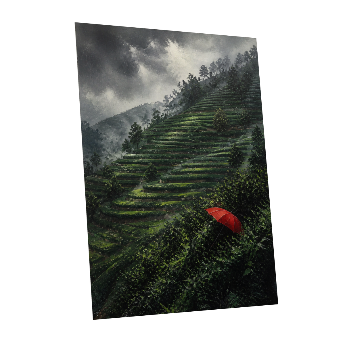 Umbrella Above the Terraces, green, gray, red nature wall art shown as a unframed poster wall art print