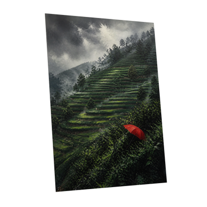 Umbrella Above the Terraces, green, gray, red nature wall art shown as a unframed poster wall art print