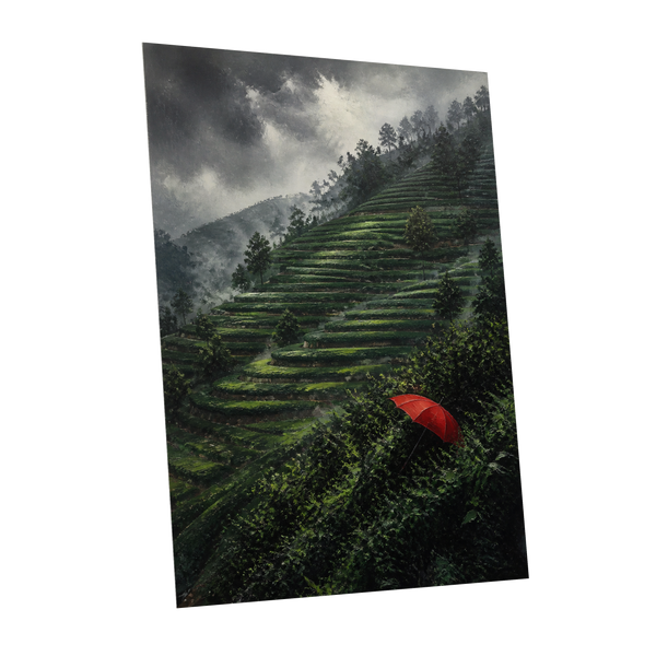 Umbrella Above the Terraces, green, gray, red nature wall art shown as a unframed poster wall art print