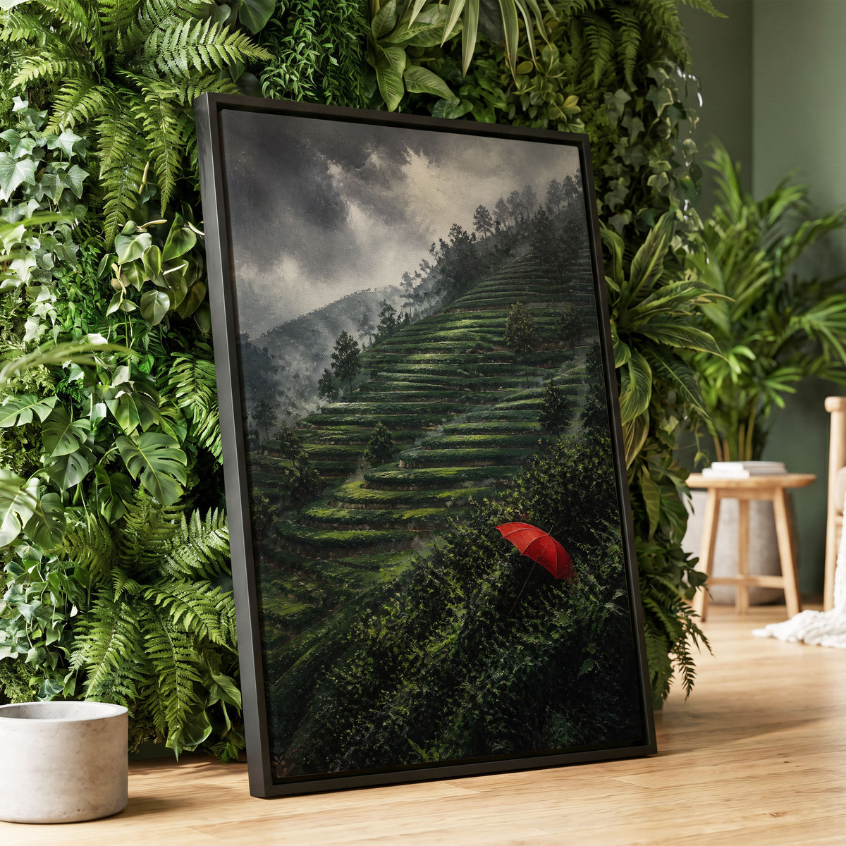 Umbrella Above the Terraces, green, gray, red nature wall art displayed in a styled interior, gallery view 1